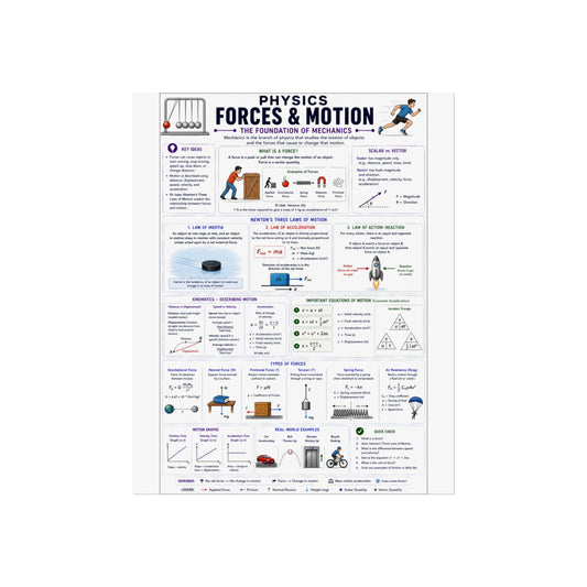 Physics Forces & Motion Educational Poster — Forces and Motion Study Guide