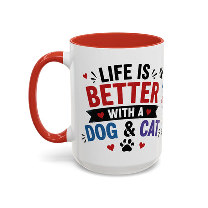 Dog and Cat Coffee Mug – "Life is Better with a Cat" Accent Ceramic Mug