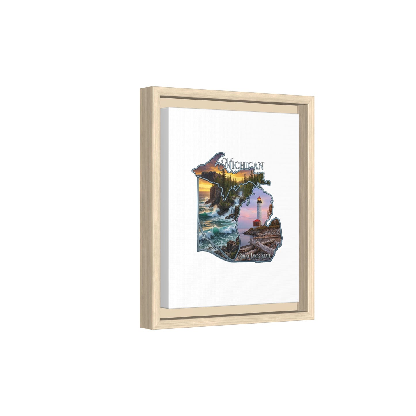 Michigan Framed Canvas Wall Art — Great Lakes State Lighthouse & Shoreline Print