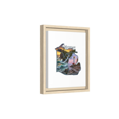 Michigan Framed Canvas Wall Art — Great Lakes State Lighthouse & Shoreline Print