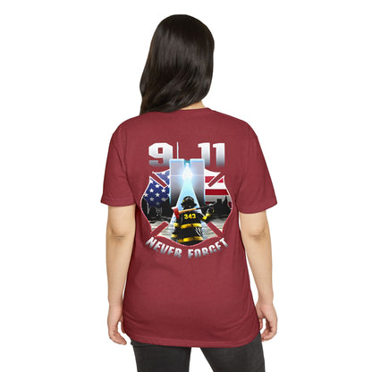 9/11 Never Forget T-Shirt — Firefighter Tribute Tee with Twin Towers & American Flag