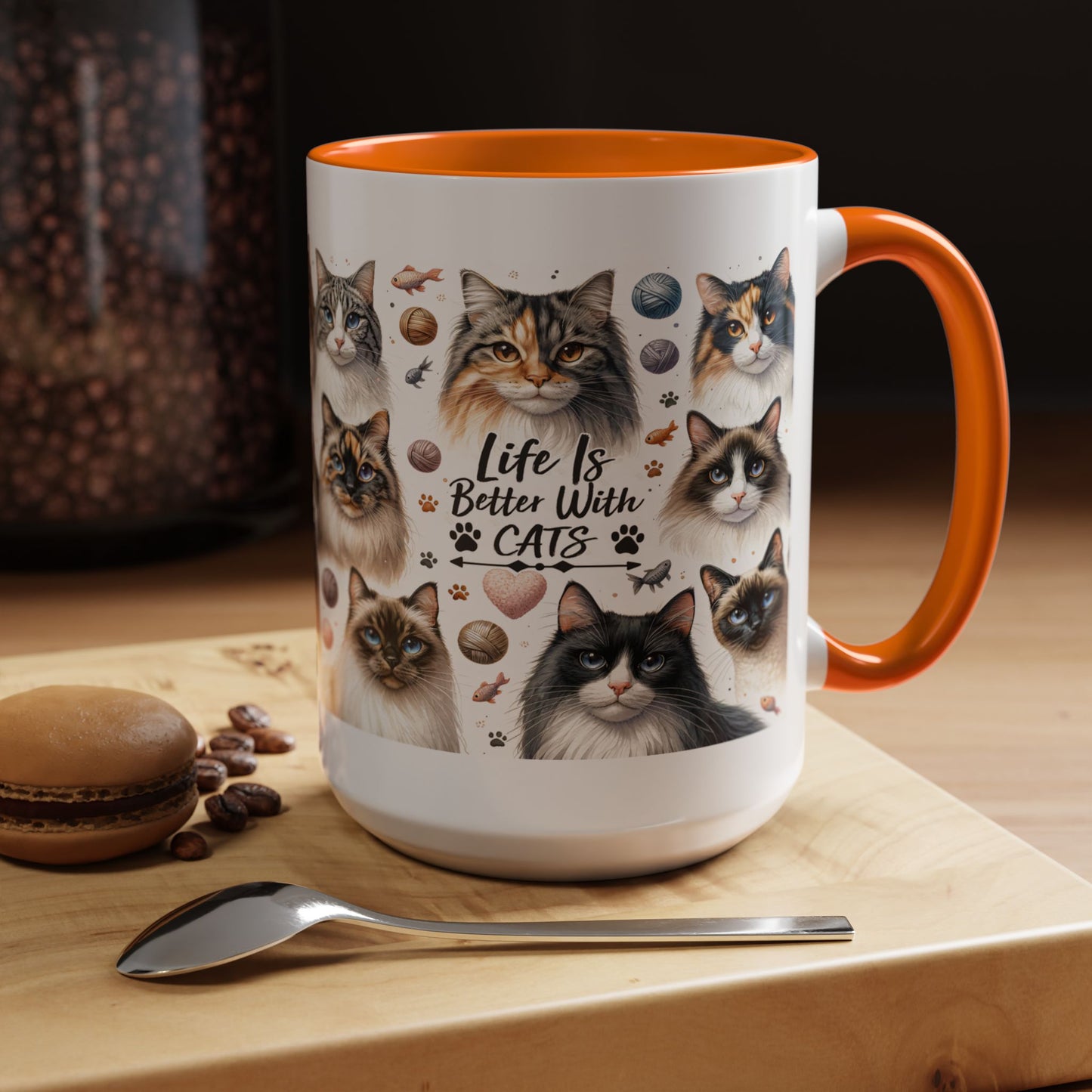 Life Is Better With Cats Accent Coffee Mug — Cat Lover Ceramic Mug (11/15oz)