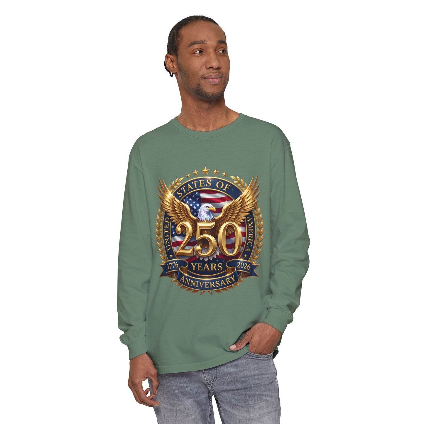 250 Years Anniversary Long Sleeve T-Shirt — USA Bicentennial 1776–2026 Eagle Emblem