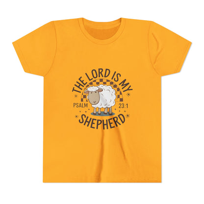 Youth Tee — "The Lord Is My Shepherd" Psalm 23:1 Christian Kids T‑Shirt (Sheep Design)
