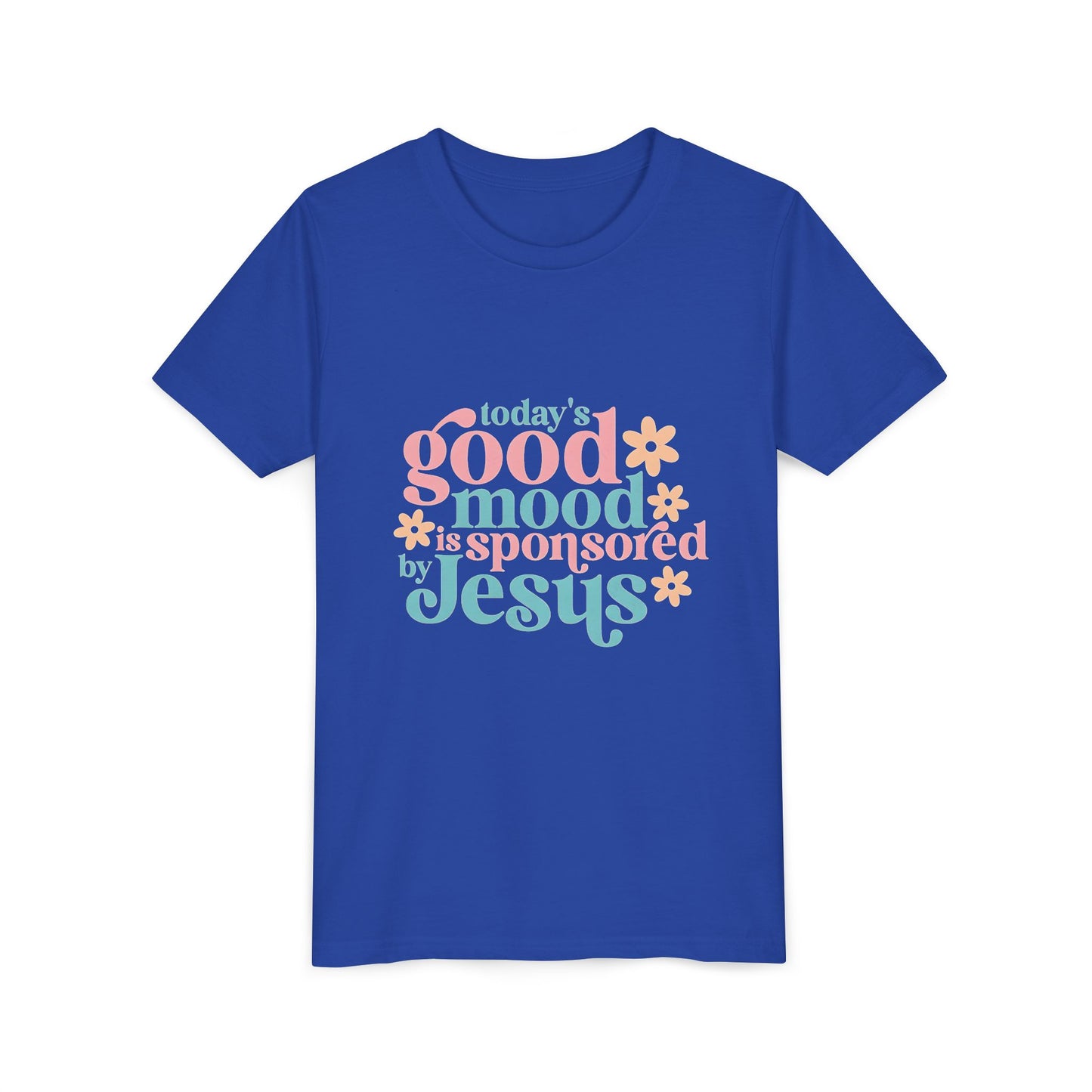Youth Tee – "Today's Good Mood is Sponsored by Jesus" Retro Floral Christian Shirt