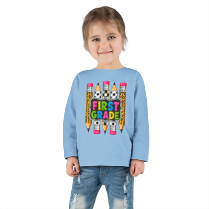 First Grade Toddler Long Sleeve Tee - Colorful Pencils Back-to-School Shirt