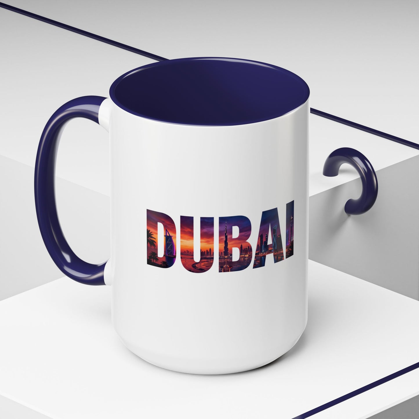 Dubai Skyline Accent Coffee Mug — Sunset City Photo Text (11/15oz)