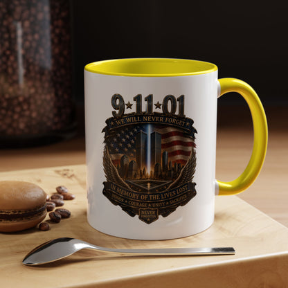 9/11 Memorial Coffee Mug — 'We Will Never Forget' Tribute Accent Mug