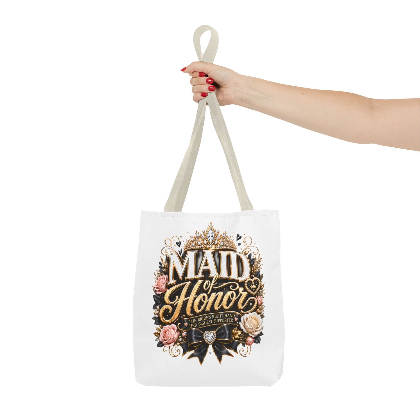 Maid of Honor Tote Bag — Elegant Bridal Party Gift with Gold Crown Floral Design