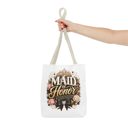 Maid of Honor Tote Bag — Elegant Bridal Party Gift with Gold Crown Floral Design