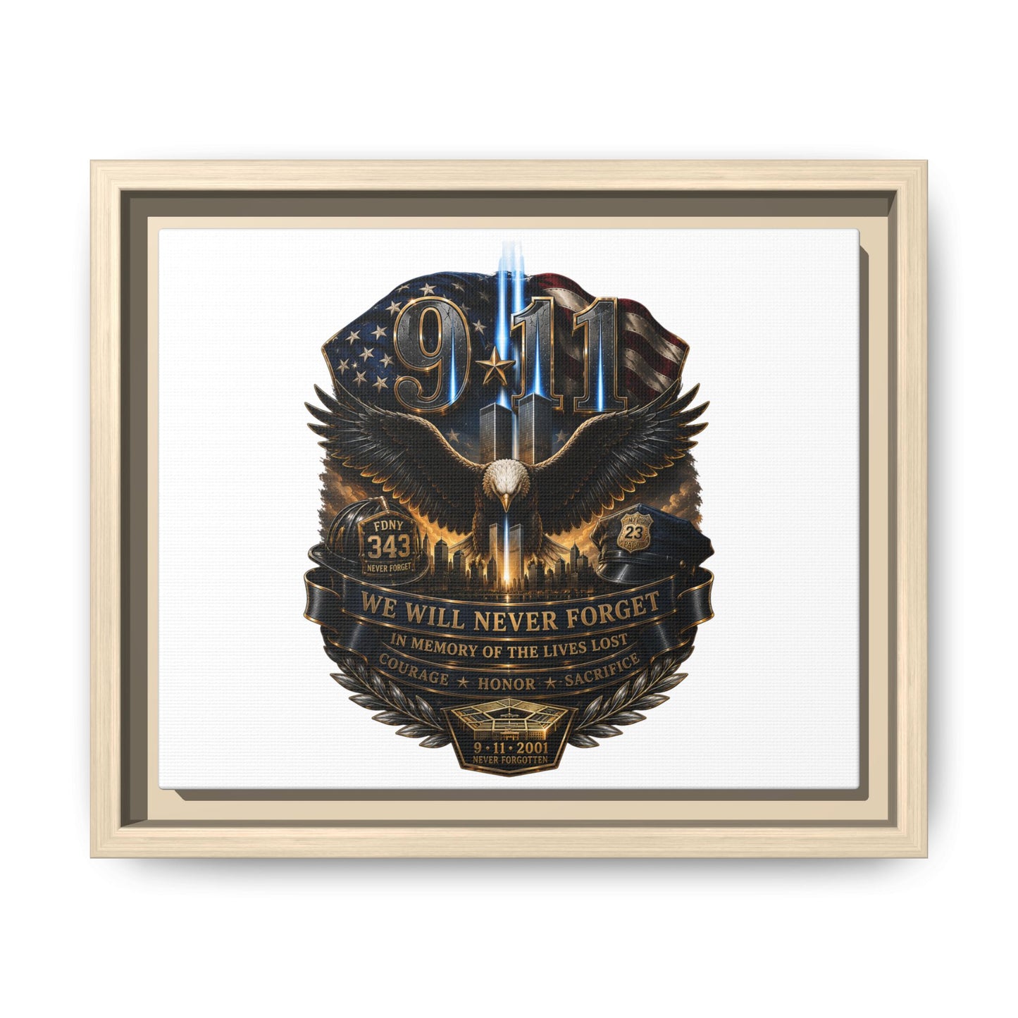 9/11 We Will Never Forget Matte Framed Canvas - Memorial Tribute Wall Art