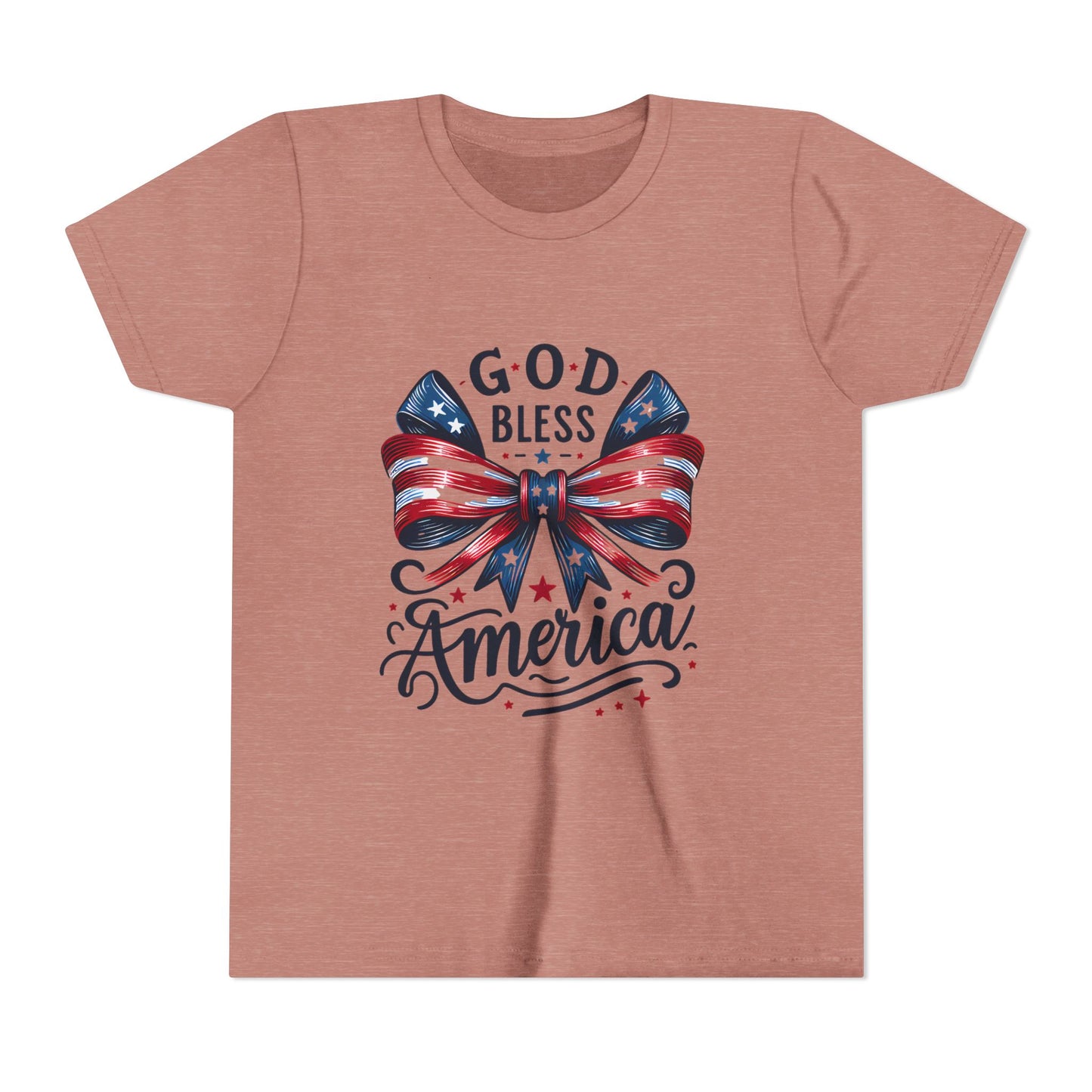 Youth Tee — "God Bless America" Patriotic Bow T-Shirt (4th of July, Memorial Day)