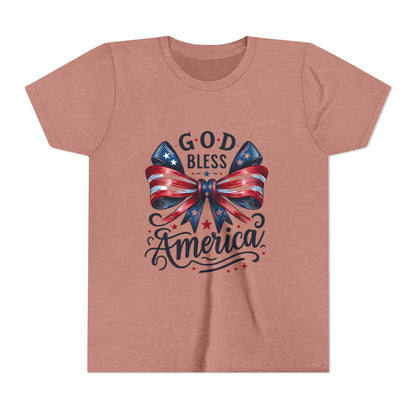 Youth Tee — "God Bless America" Patriotic Bow T-Shirt (4th of July, Memorial Day)