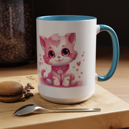 Pink Cute Kitten Coffee Mug — Cute Cat Accent Mug with Hearts (11/15oz)