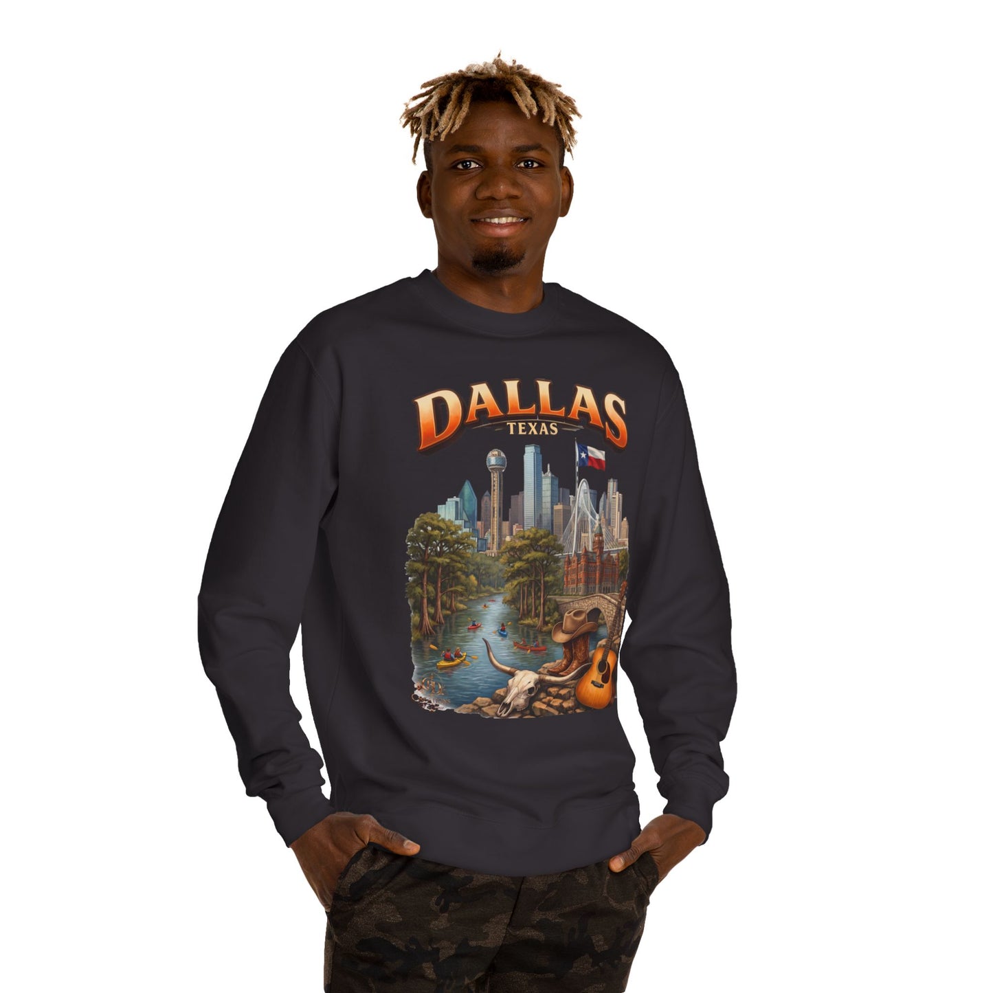 Dallas Skyline Crewneck Sweatshirt — Texas Cityscape & Acoustic Guitar Design