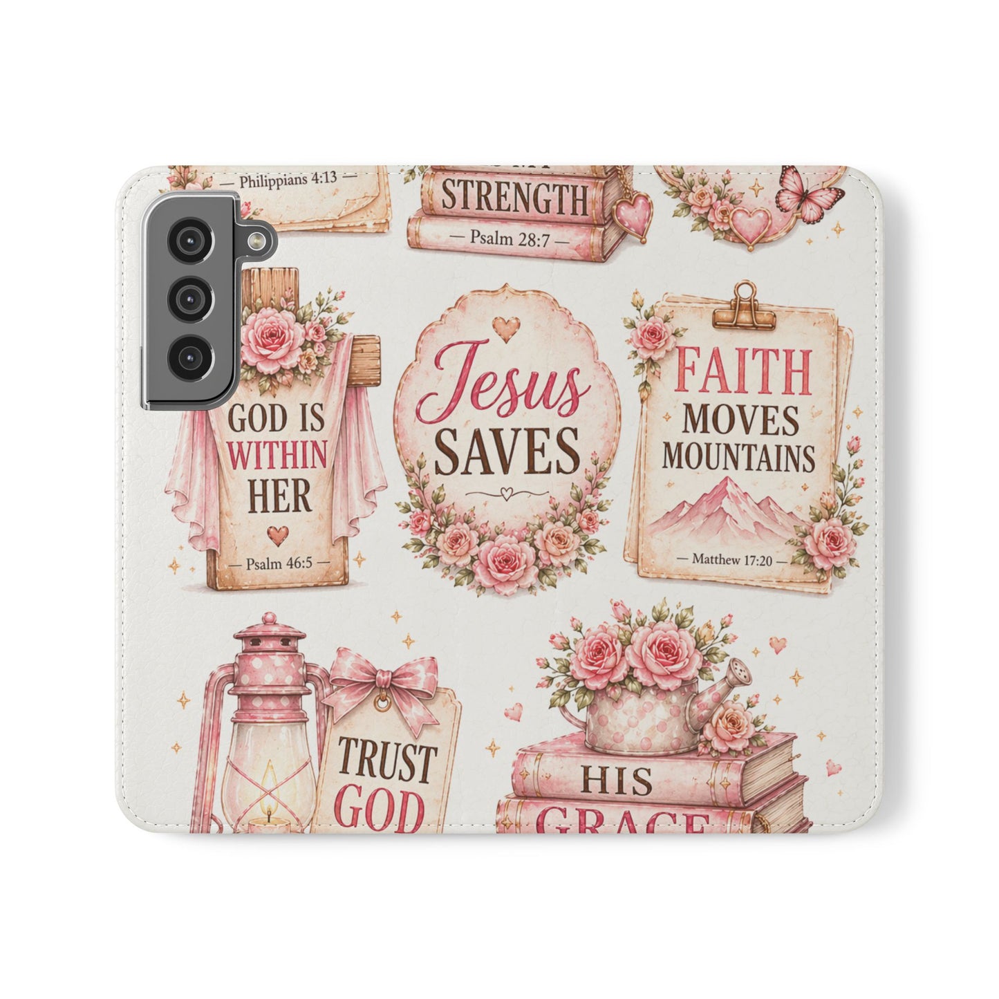 Christian Floral Phone Flip Case — "Jesus Saves" & Inspirational Scripture Wallet Cover