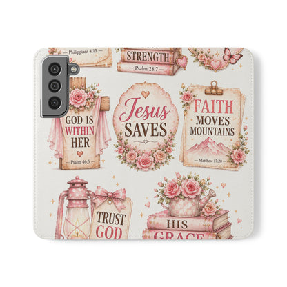 Christian Floral Phone Flip Case — "Jesus Saves" & Inspirational Scripture Wallet Cover