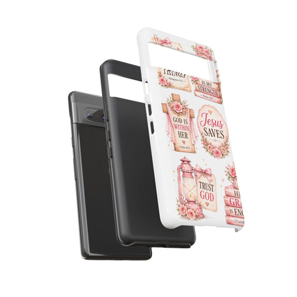 Christian Phone Case — Jesus Saves Floral Tough Case with 'God Is Within Her' & 'Trust God' Design