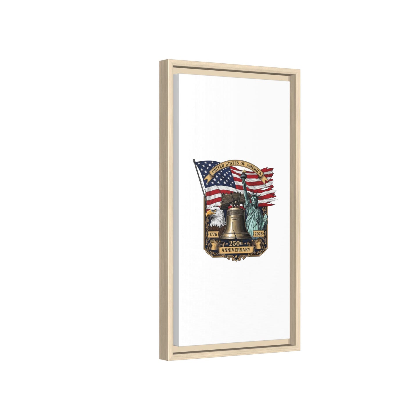 Liberty 250th Anniversary Framed Canvas Print — American Flag, Statue of Liberty & Liberty Bell Art