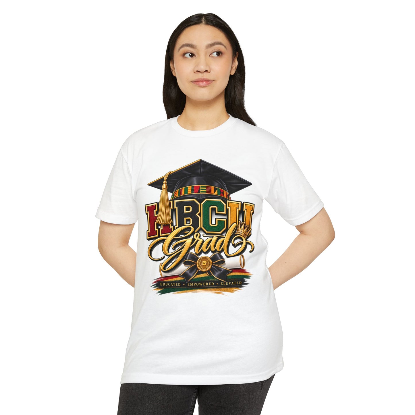 HBCU Grad T-Shirt — Black Graduation Cap & Kente Design