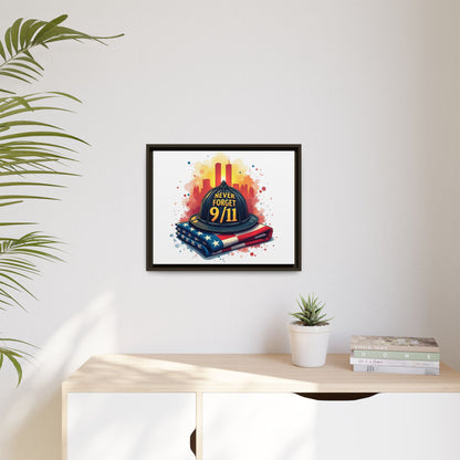 Never Forget 9/11 Framed Canvas Print — Firefighter Helmet & American Flag Memorial Art