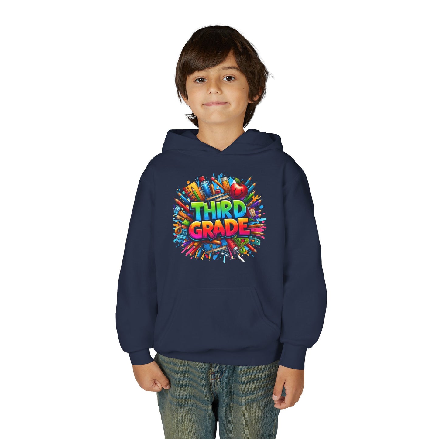 Third Grade Kids Hoodie — Colorful School Supplies Back-to-School Sweatshirt