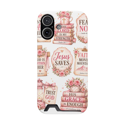Christian Phone Case with Card Holder — 'Jesus Saves' Floral Scripture Design