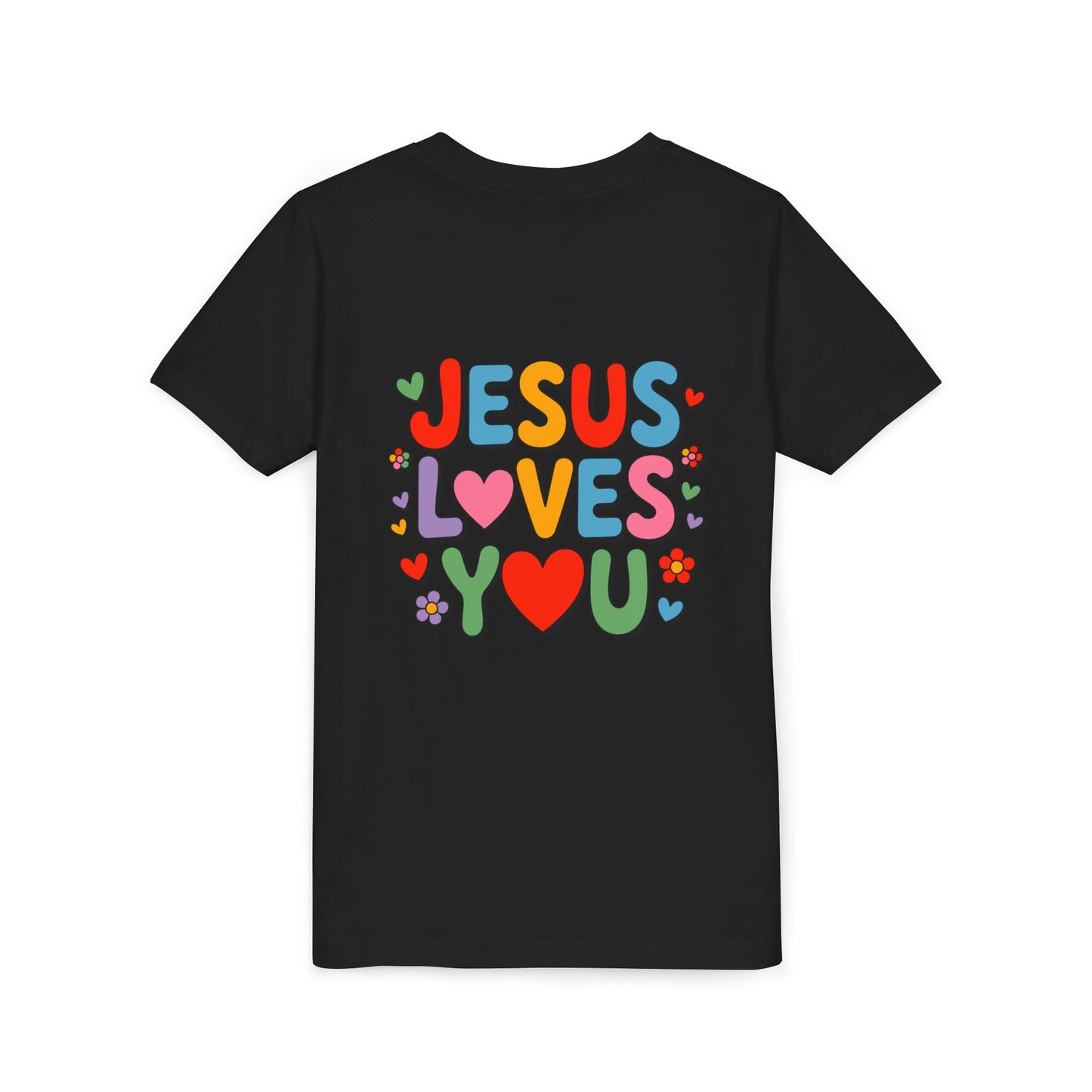 Youth Tee - "Jesus Loves You" Colorful Heart & Flower Christian Shirt