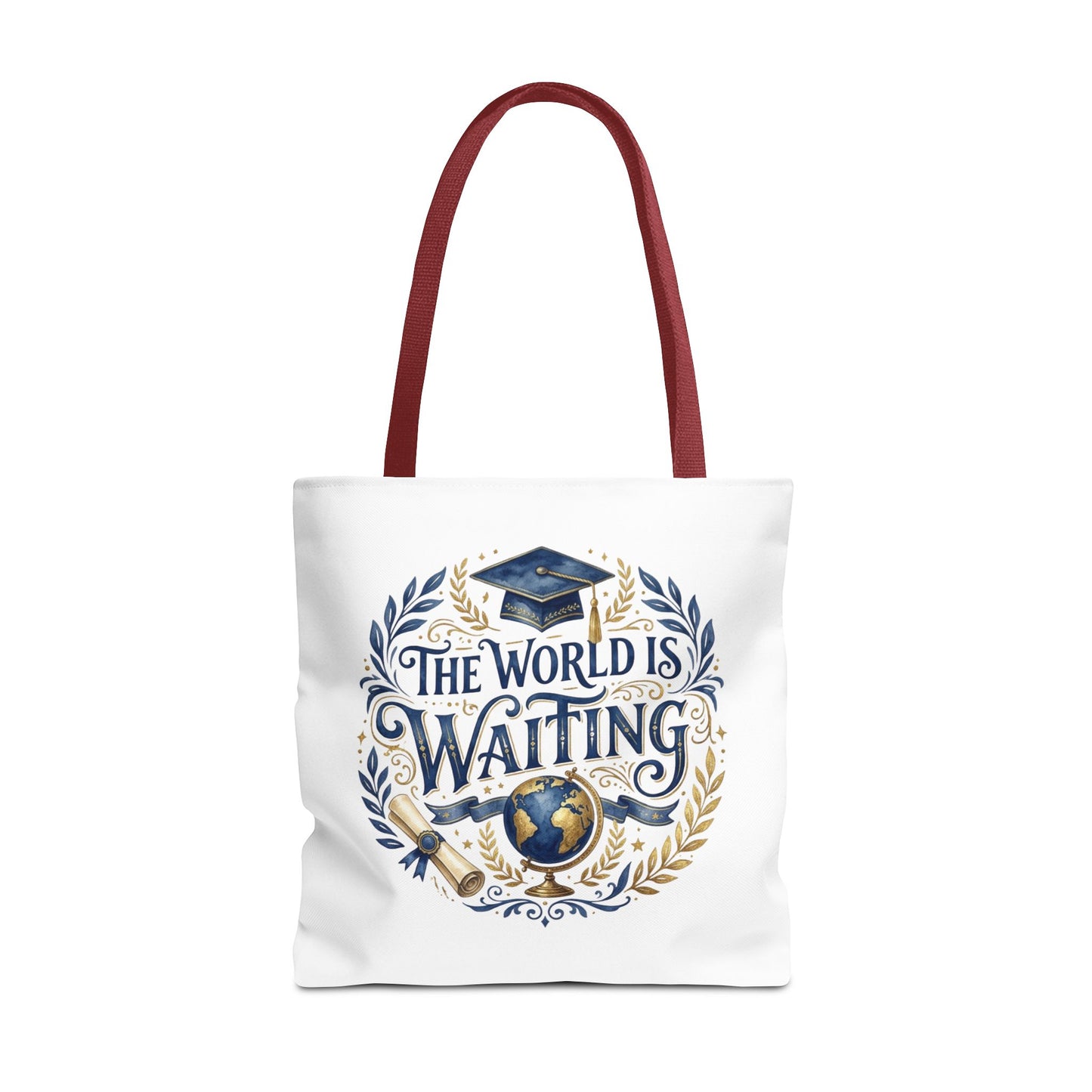 Graduation Tote Bag – "The World Is Waiting" Cap & Globe Design