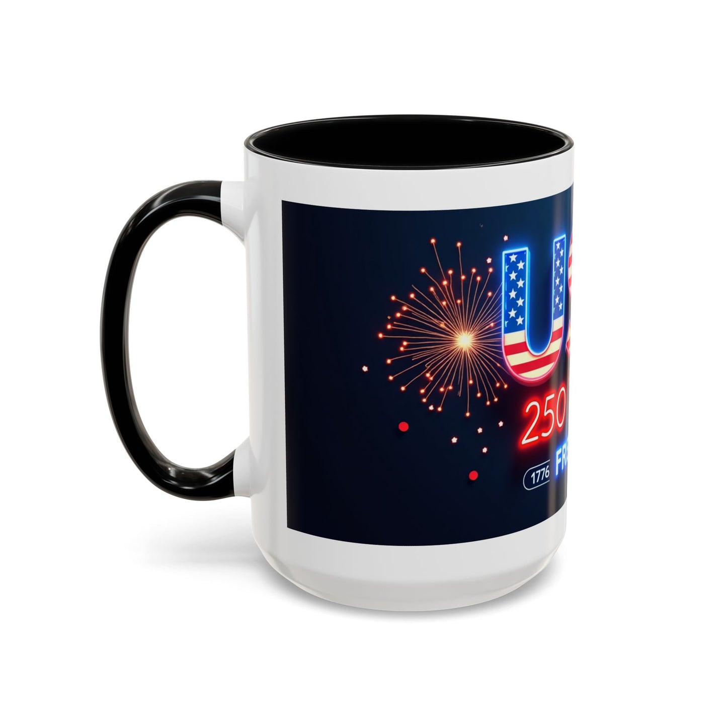 USA 250 Years of Freedom Accent Coffee Mug — Patriotic 1776–2026 Fireworks Design (11/15oz)