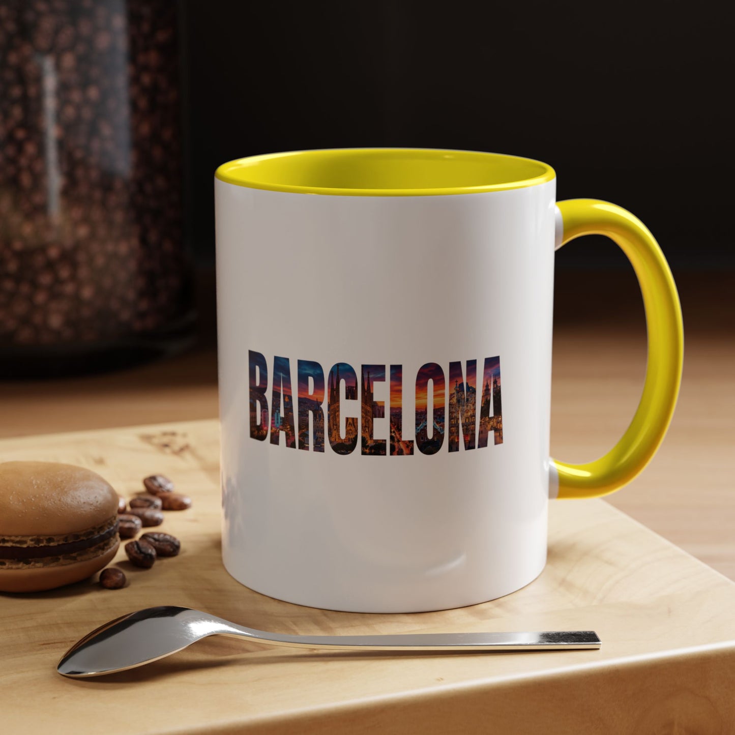 Barcelona Accent Coffee Mug — Scenic Cityscape Text Travel Souvenir (11/15oz)