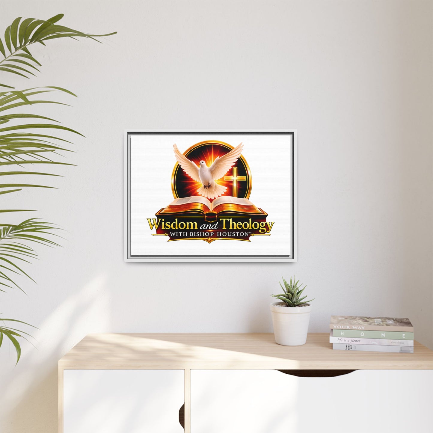 Framed Canvas Print — "Wisdom and Theology" Dove & Bible Wall Art