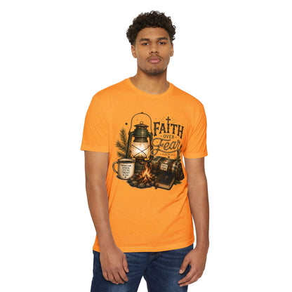 Faith Over Fear T-Shirt — Christian Camping Lantern & Bible Graphic