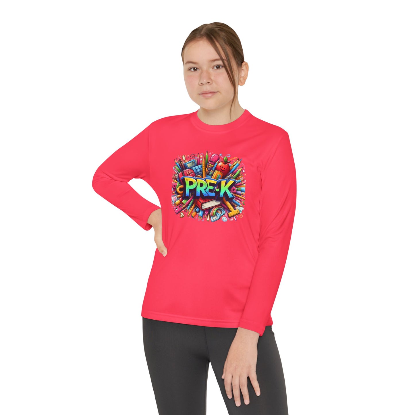 PRE-K Youth Long Sleeve Tee — Colorful School Supplies Design