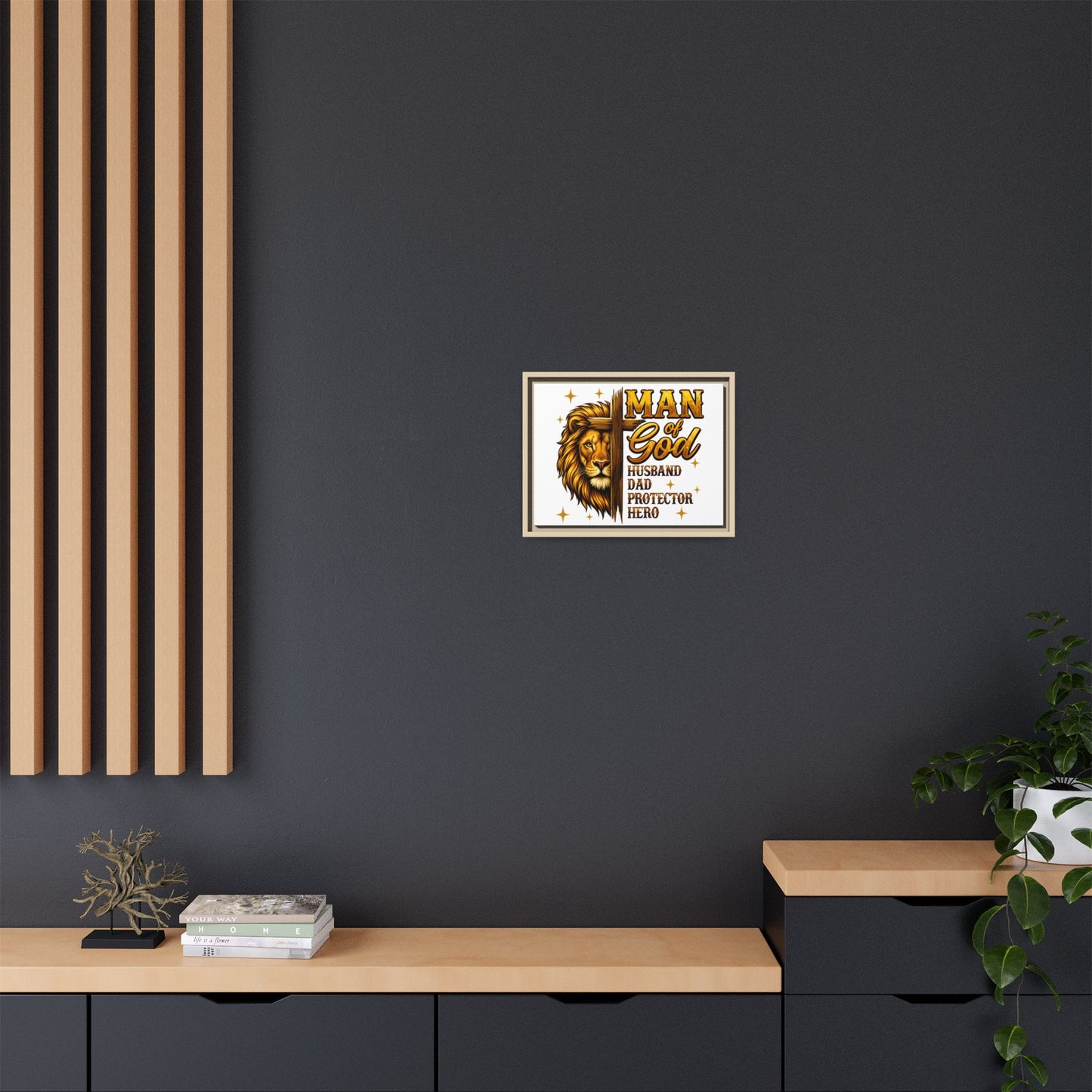 Man of God Framed Canvas Art — 'Man of God: Husband, Dad, Protector, Hero' Religious Wall Decor