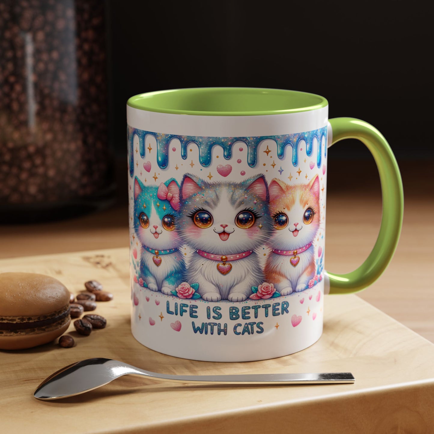 Life Is Better With Cats Accent Coffee Mug — Cute Pastel Kawaii Cat Trio (11/15oz)