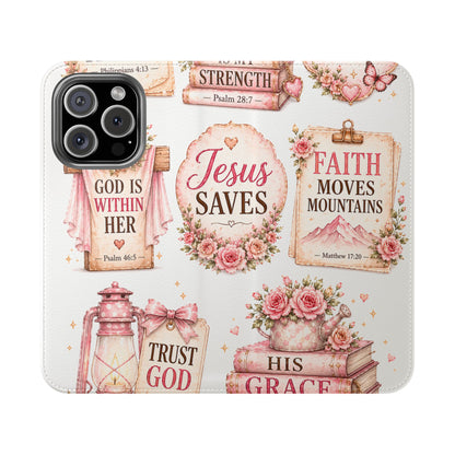 Christian Floral Phone Flip Case — "Jesus Saves" & Inspirational Scripture Wallet Cover