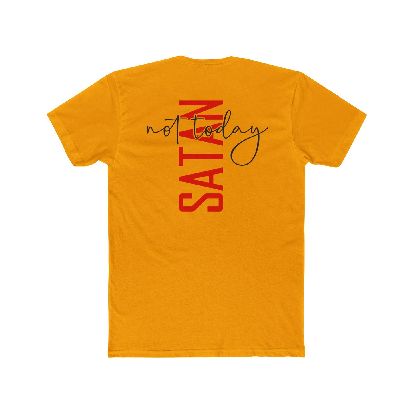Crew Tee — "No Today Satan" Vertical Red Text Graphic T‑Shirt