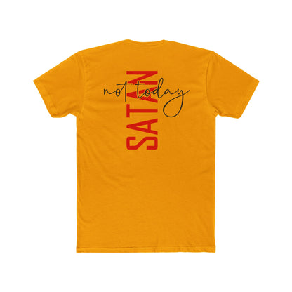 Crew Tee — "No Today Satan" Vertical Red Text Graphic T‑Shirt