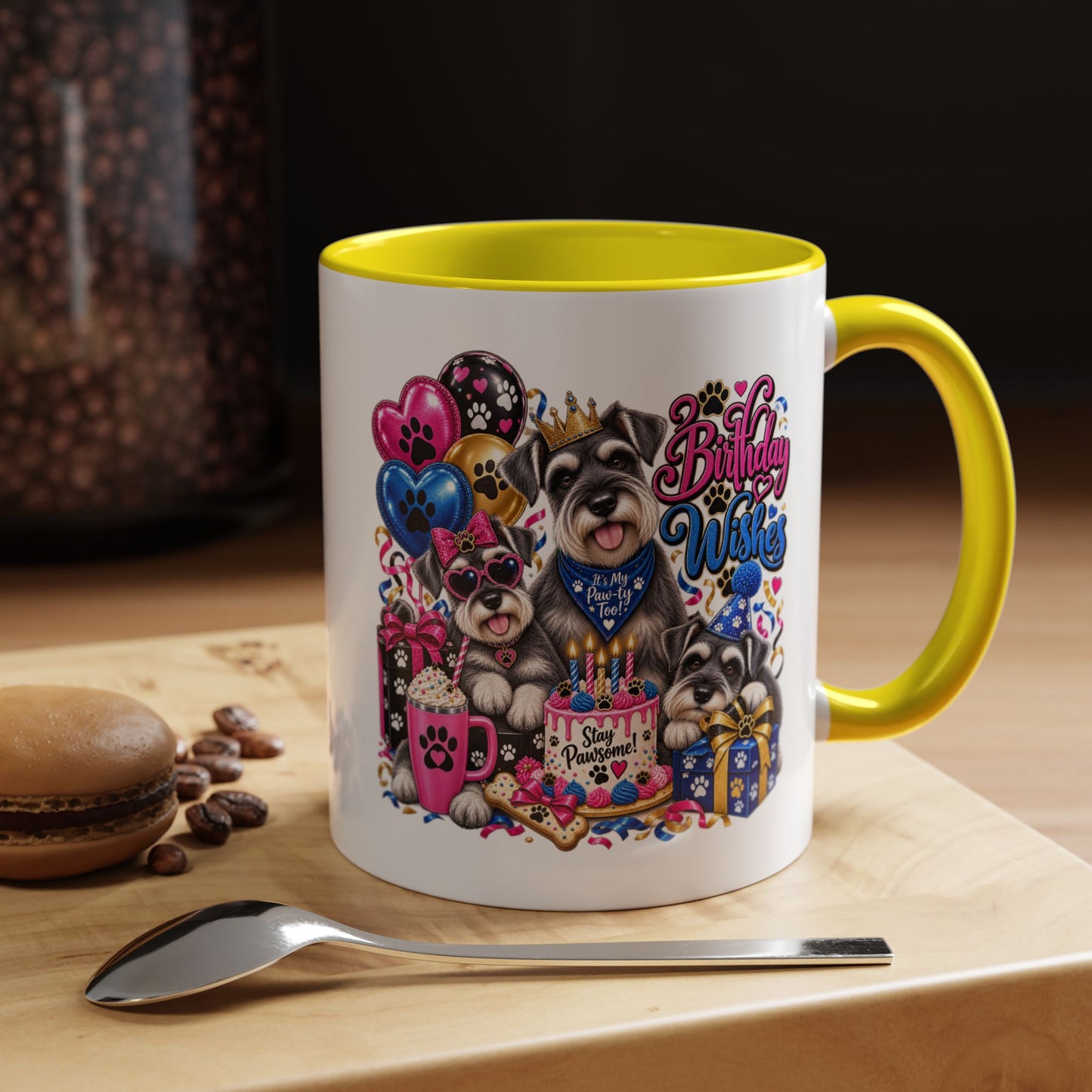 Birthday Wishes Dog Coffee Mug — Cute Paw Print Celebration Mug (11/15oz)