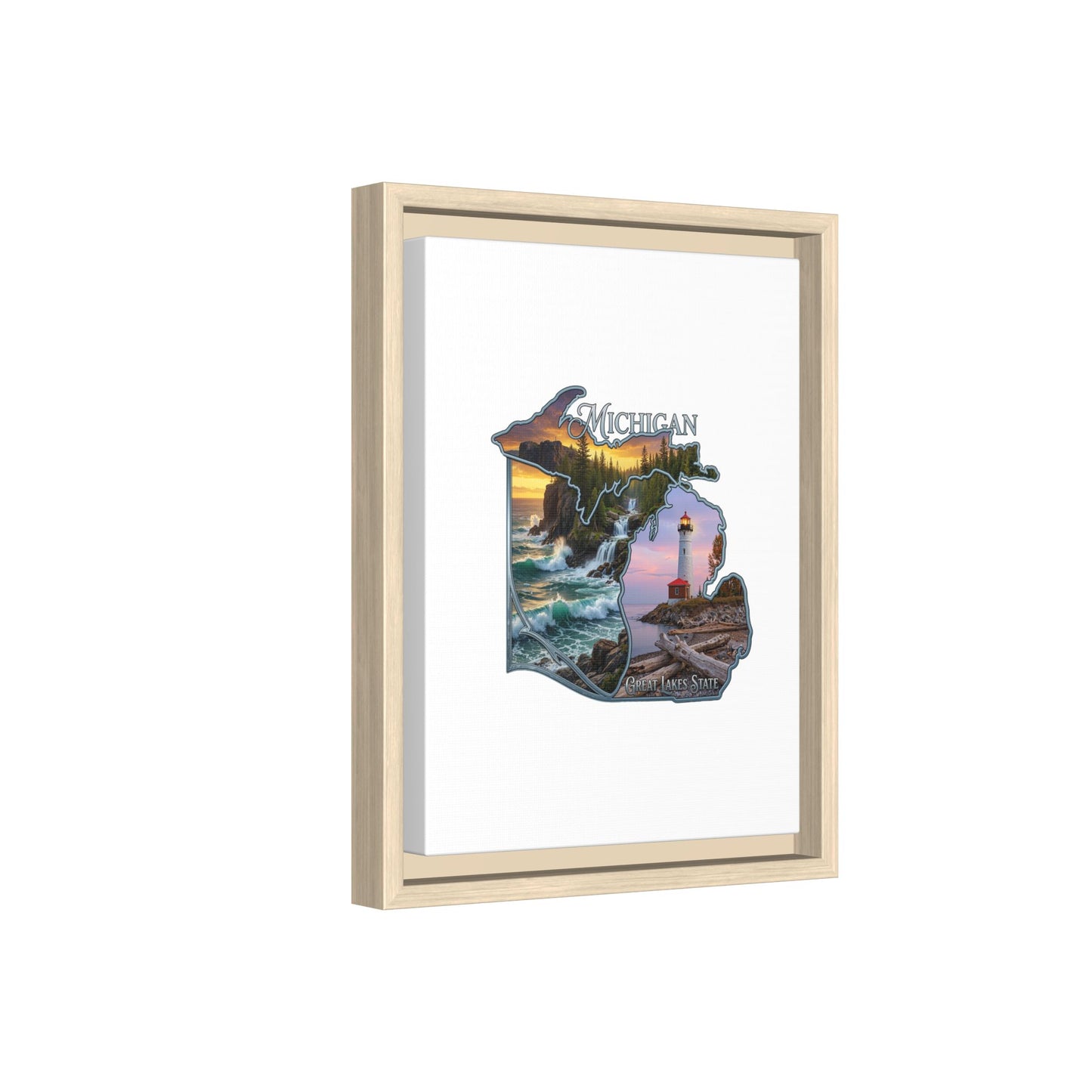 Michigan Framed Canvas Wall Art — Great Lakes State Lighthouse & Shoreline Print