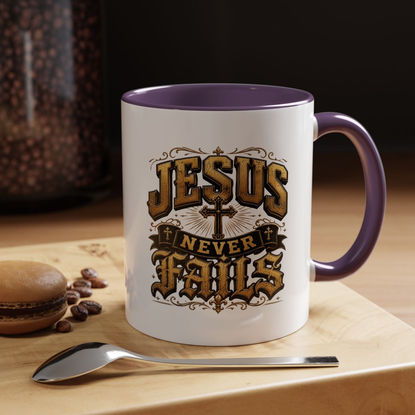 Jesus Never Fails Accent Coffee Mug — Inspirational Christian Faith 11/15oz