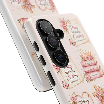 Christian Floral Phone Case — "Pray Without Ceasing" Faith Cross Design