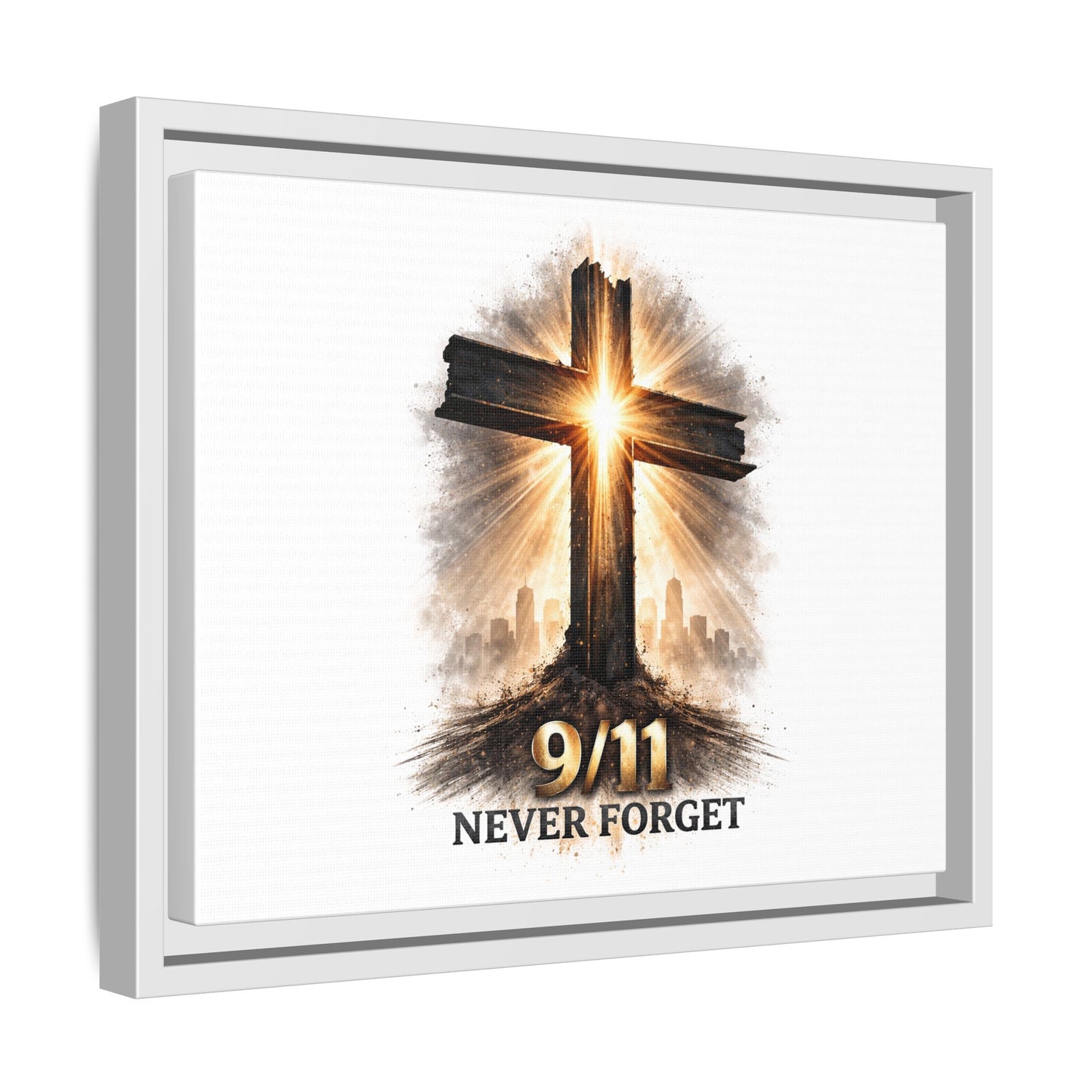 9/11 Never Forget Framed Canvas Wall Art — Memorial Cross Tribute