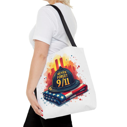 Never Forget 9/11 Memorial Tote Bag — Firefighter Helmet & Flag Tribute