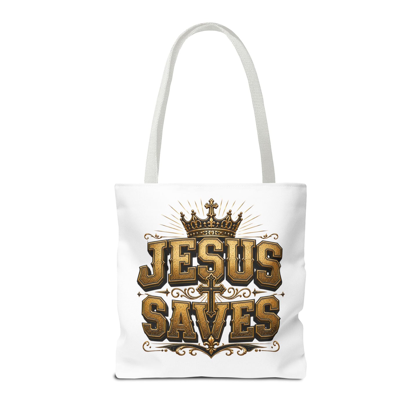 Jesus Saves Tote Bag — Christian Gospel Canvas Carryall with Crown & Cross Design