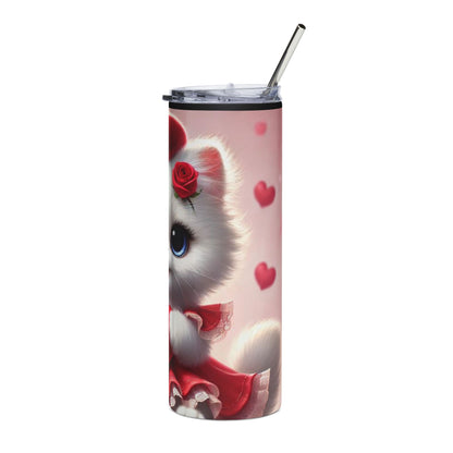 20oz Stainless Tumbler — Cute Kitty with Heart, 'Miss' Red Beret Valentine Travel Mug
