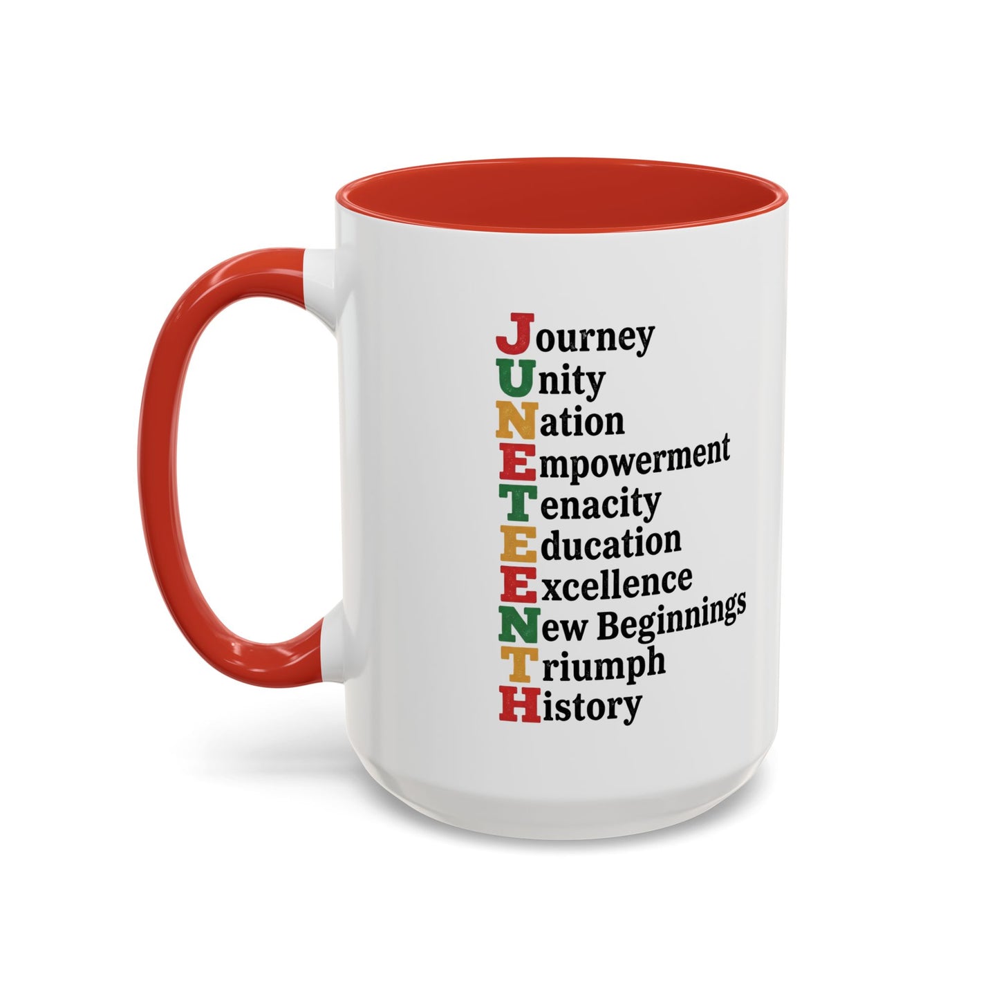 Juneteenth Acronym Accent Coffee Mug – Journey Unity Nation Empowerment (11/15oz)