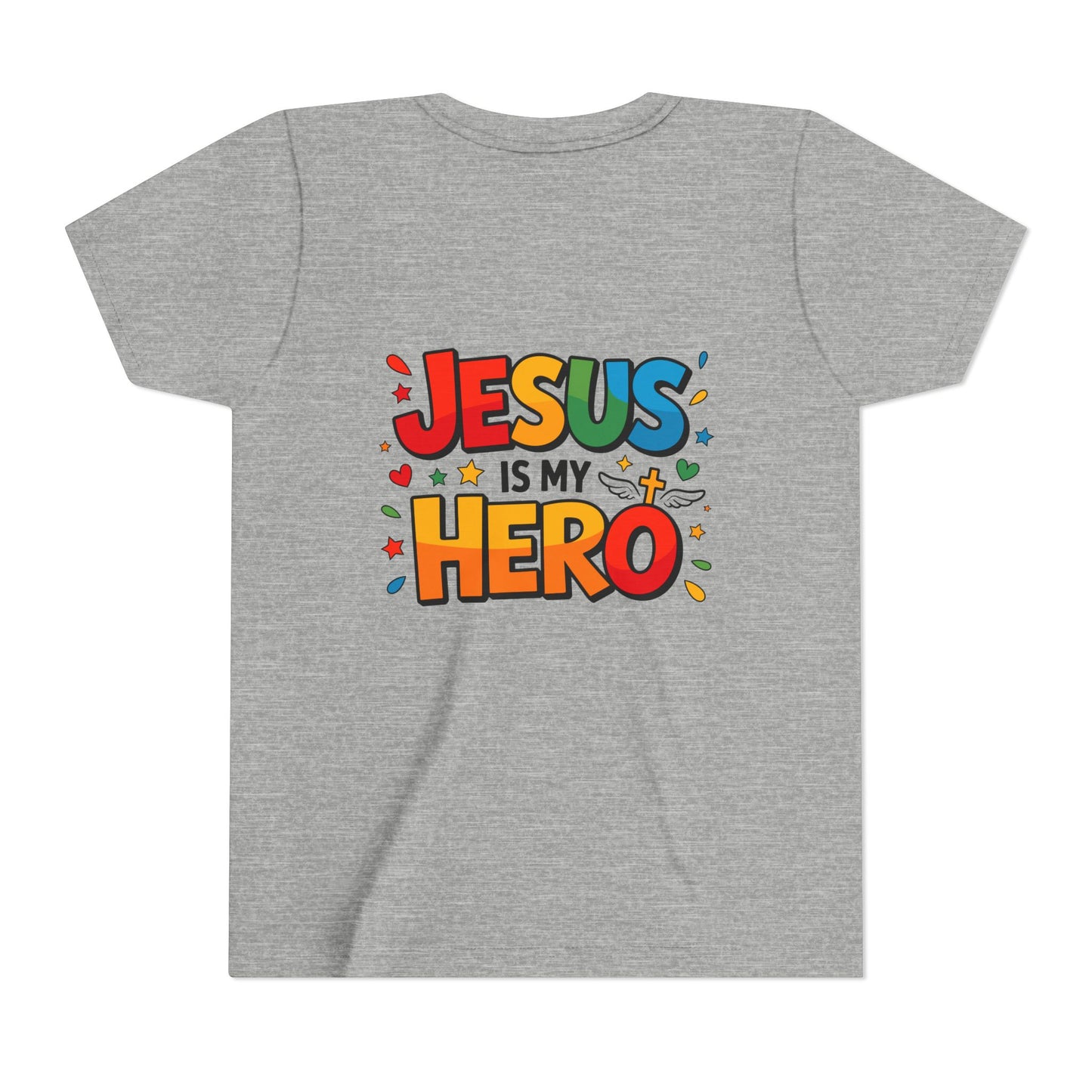 Youth Tee — "Jesus Is My Hero" Colorful Kids Christian T-Shirt