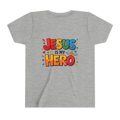 Youth Tee — "Jesus Is My Hero" Colorful Kids Christian T-Shirt